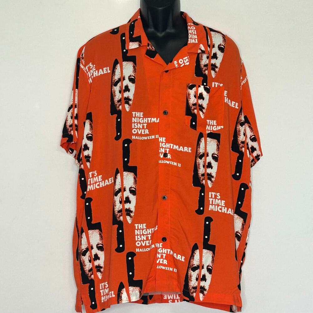 Mad Engine Halloween II Michael Myers Orange Rayon Button Up Shirt XL Horror